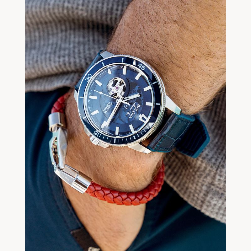Blue Dial Leather and Silicone Strap Marine Star 96A291 Bulova